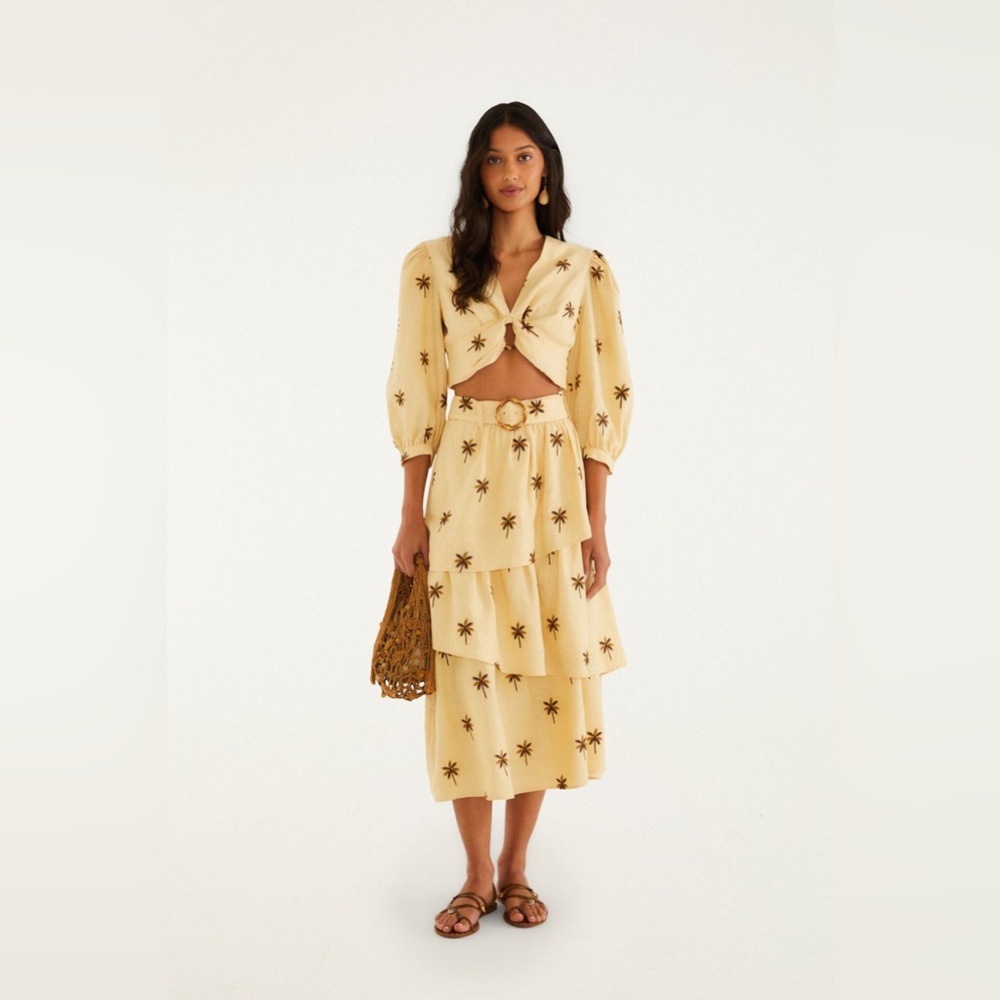 Farm Rio Sand Embroidered Trees Buckled Layered Midi Skirt & Crop Top Set XXS